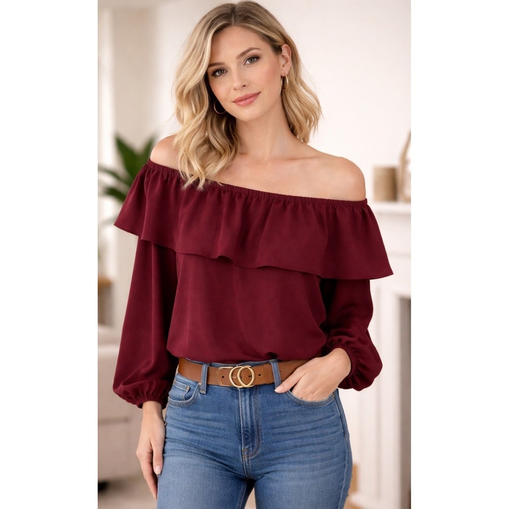 Wilfred Womens Burgundy Ruffled Long Sleeve Victorian Blouse Medium Romantic Top